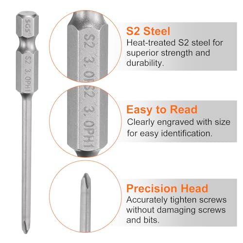 HARFINGTON 5pcs #1 Phillips Screwdriver Bit PH1 1/4" Hex Shank 3" (75mm) Long Magnetic S2 Steel Industrial Grade Screw Driver Bit Cross Head Electric Drill Bits 0.118" (3mm) Rod - size: PH1 x 75mm x 3mm
