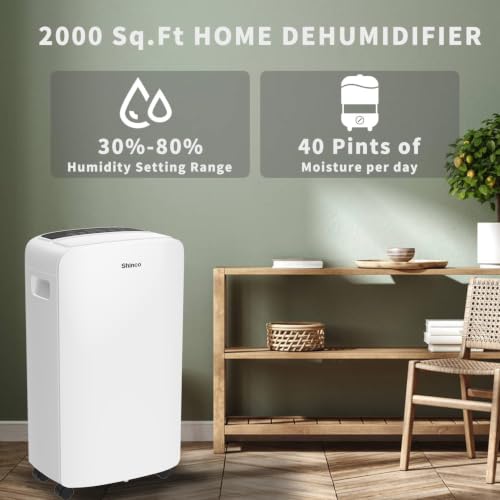 Shinco 40 Pints Dehumidifier for Home and Basements, 2000 Sq.Ft Dehumidifiers with Drain Hose, Auto or Manual Drainage, Auto Defrost, Quietly Remove Moisture, Intelligent Humidity Control, 24HR Timer - color: 2,000 Sq.Ft.