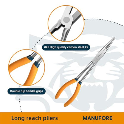 MANUFORE 5-Piece 11-Inch Long Reach Needle Nose Pliers Set for Tight Spaces | Straight, 45° & 90° Bent, Circle Nose and Diagonal, High Carbon Steel & CR-V, Comfort Grip for Better Control, Auto Repair - style: 5PCS