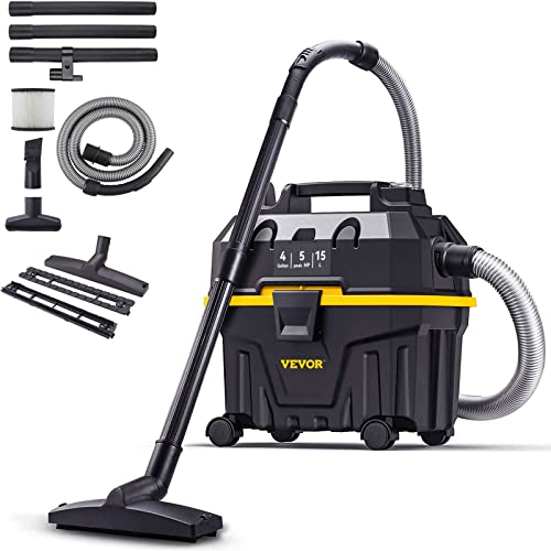 VEVOR Shop Vac Wet and Dry Vacuum Cleaner 4 Gallon 5 Peak HP - Powerful Suction with Blower Function & Attachments 3-in-1 Crevice Nozzle - Perfect for Car Carpet Debris Pet Hair Black/Yellow - color: Plastic, size: 4 Gal+5 Peak HP+Wet/Dry
