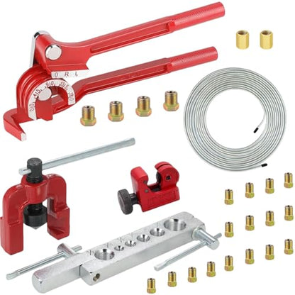 3/16 Inch 26Pcs Brake Line Bender Flaring Tool Include 25FT Zinc-Plated Copper Coated Brake Bending Lines and Single Flare Cutter Repair Kit 16 Rust-Resistant Fitting 4 Nut 2 Union, Sliver - color: Sliver