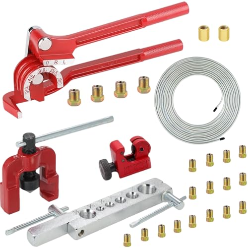 3/16 Inch 26Pcs Brake Line Bender Flaring Tool Include 25FT Zinc-Plated Copper Coated Brake Bending Lines and Single Flare Cutter Repair Kit 16 Rust-Resistant Fitting 4 Nut 2 Union, Sliver - color: Sliver