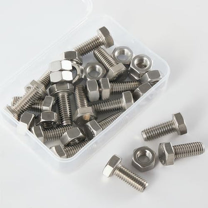 M8-1.25x20mm Hex Bolt and Nut Kit 15set, 304 Stainless Steel (A2-70), Full Thread, Bright Finish, Machine Threaded for Automotive, Machinery, DIY - size: M8x20mm(15 Sets）