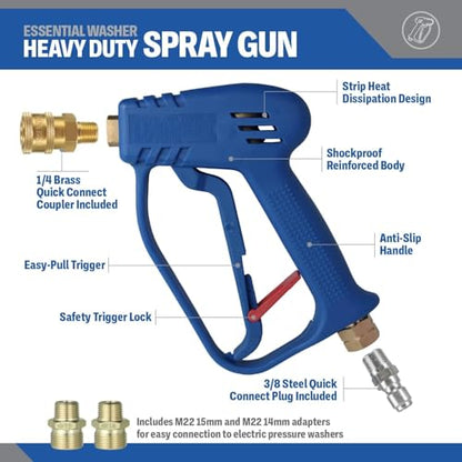 Essential Washer Short Pressure Washer Gun with Brass Quick Connect & M22 Adaptors Compatible with Foam Cannon | High Pressure Water 4000 PSI - style: Brass Non Swivel Gun
