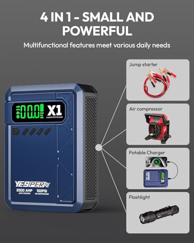 YESPER Jump Starter with Air Compressor 2000A 150PSI Battery Jumper Starter Portable(8L Gas/6L Diesel), 12V Car Jump Pack Battery Charger Jump Box with Jumper Cables, LCD Display, Lights(Blue) - color: Blue