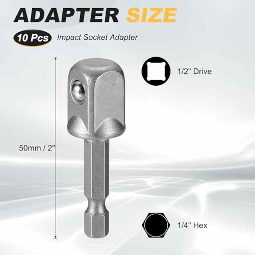HARFINGTON 10pcs Impact Socket Adapter 1/2" Square Drive 1/4" Hex Shank 2" Long Extension Bit for Axle Nut Driver Drill Socket Sets - size: 1/2" x 2"