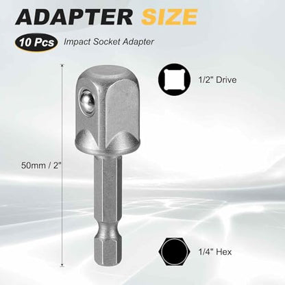 HARFINGTON 10pcs Impact Socket Adapter 1/2" Square Drive 1/4" Hex Shank 2" Long Extension Bit for Axle Nut Driver Drill Socket Sets - size: 1/2" x 2"