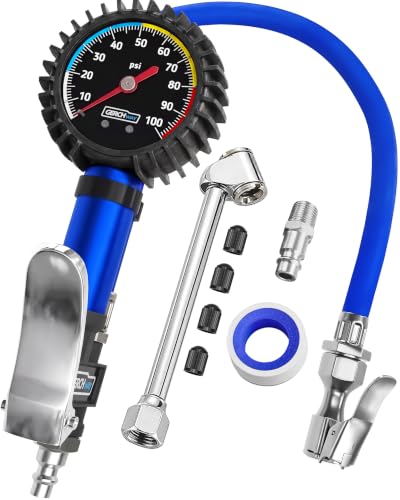 Tire Inflator with Pressure Gauge and Longer Hose - Most Accurate, Heavy Duty Air Chuck with Gauge for Air Compressor Tire Inflator Attachment - 100PSI - size: Schrader