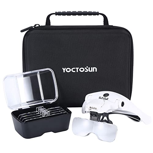YOCTOSUN Magnifying Glasses with 4 LED Lights, Head Mount Magnifier with Storage Case,5 Lenses, Headband, Hands Free Lighted Head Magnifying Visor for Hobby Crafts & Close Work - color: White With Storage Case
