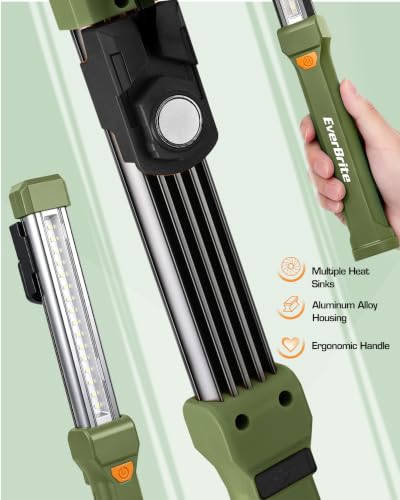 EverBrite 1000LM Magnetic Work Light, Rechargeable LED Mechanic Light with Dual Magnetic Bases & 360° Hanging Hooks, 4 Modes Under Hood Work Light for Car Repair, Garage, Emergency, 1 Pack Green - color: Green