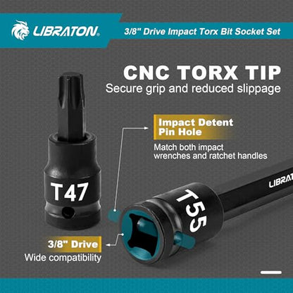 LIBRATON 24PCS 3/8 Drive Impact Torx Bit Socket Set, Extra Long Torx | Extra long 2in&6in Torx Bit Set, T10-T60 Coverage, S2 Alloy Steel Star Bit Sockets, Impact for Auto Repair, Blow Molded Box