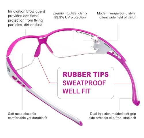 HTS HUNTERSKY Super Flexible Lightweight Anti Fog Wrap-Around U6 Clear Shooting Safety Glasses with ANSI Z87.1 Scratch Resist - color: Pink / Clear (1 Pack)