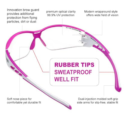 HTS HUNTERSKY Super Flexible Lightweight Anti Fog Wrap-Around U6 Clear Shooting Safety Glasses with ANSI Z87.1 Scratch Resist - color: Pink / Clear (1 Pack)