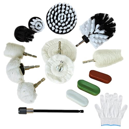 Neeki 14pcs Buffing Polishing Wheel Kit for Dill with Extension Rod | Multi-Specification Polishing Wheel Kit with Polishing Compound, Soft Drill Brush,1/4 Hexagonal Shank,for Metal,Aluminum,etc