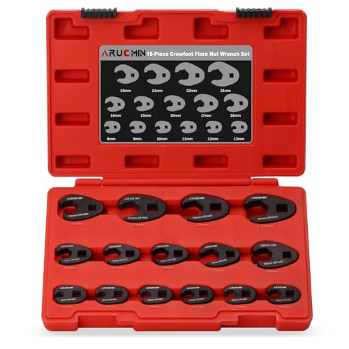 3/8" and 1/2" Drive Crowfoot Flare Nut Wrench Set, 15-Piece 8-24mm Metric Crows foot Wrench Set Chromium Molybdenum Steel with Organizer Box