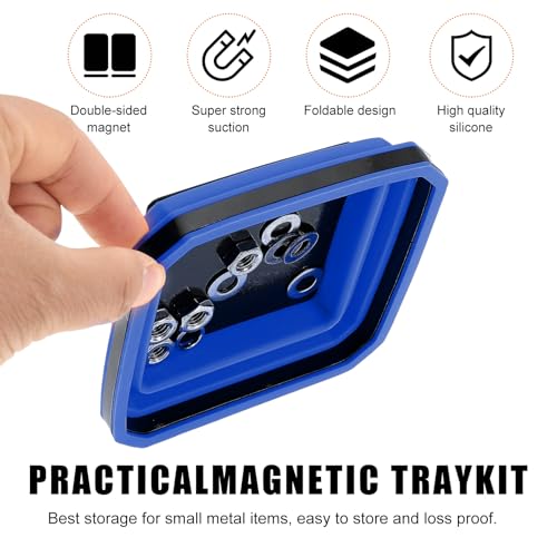 Yourkar Collapsible Magnetic Parts Tray, 4.5 Inch Foldable Magnetic Square Silicone Tray, Tool Tray Set with Double-Sided Magnetic Base for Screw Bolts Nuts Pins, Car Accessories (Blue) - color: Blue, 1 PCS