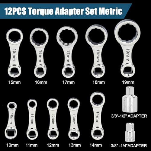 Torque Adapter Set Metric 12PCS, Includes 10, 11, 12, 13, 14, 15, 16, 17, 18, 19mm, 12 Point Box End Torque Wrench Extension Adapter 3/8" Drive, with 1/2" + 1/4" Drive Converters - size: Metric 10-19mm