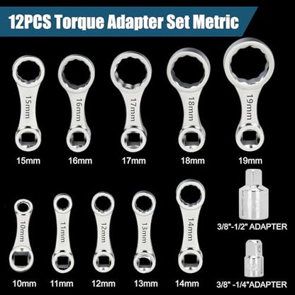 Torque Adapter Set Metric 12PCS, Includes 10, 11, 12, 13, 14, 15, 16, 17, 18, 19mm, 12 Point Box End Torque Wrench Extension Adapter 3/8" Drive, with 1/2" + 1/4" Drive Converters - size: Metric 10-19mm