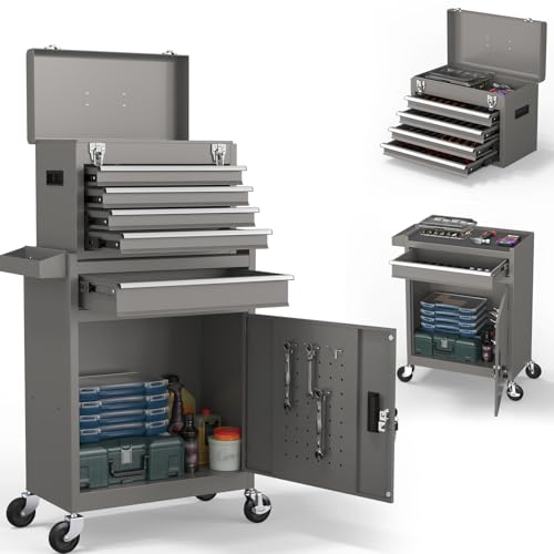 5-Drawers Tool Chest, 2-in-1 Rolling Tool Box with Wheels and Drawers, Detachable Storage Toolbox with Lock, Heavy-Duty Metal Tool Cart for Garage, Workshop（Gray） - color: Gray