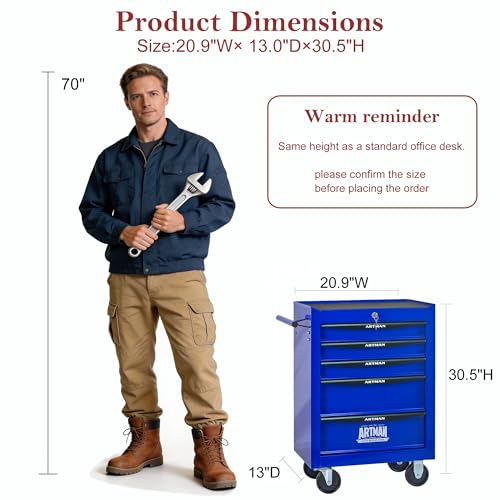 RYH 5 Drawers Rolling Tool Chest - 13" D x 20.9" W x 30.5" H Heavy Duty Mobile Tool Cart with Locking Wheels & Ball Bearing Drawers, Garage Tool Storage Cabinet (Blue, 5 Drawers) - color: Blue-black, size: 5 Drawers（30"H × 20"W × 13"D)