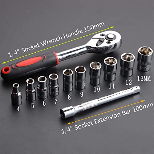 12Pcs 1/4" Ratchet Socket Wrench Set, Heavy Duty Chrome Steel Drive Socket Set of 10 4-13mm Socket Quick Release Ratchet Handles and Extensions - size: Small