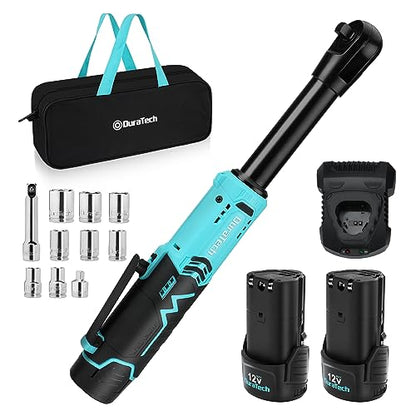 DURATECH Extended Cordless Ratchet Wrench, 3/8" 12V 44 Ft-Lbs Long Neck Electric Ratchet Wrench with 2-Pack 2.0Ah Li-Ion Battery, 1 Hour Fast Charger, 10 Sockets Accessories & Variable Speed Trigger - style: Extended Head
