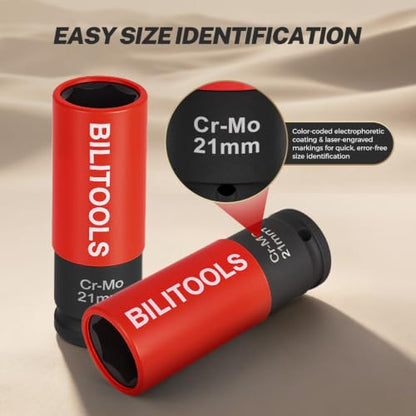 BILITOOLS 21mm Lug Nut Socket, 1/2" Drive Thin Wall Impact Socket | Non-Marring Sleeve, 6-Point Cr-Mo Wheel Socket for Tire Changes, Rims and Auto Repair - size: 21MM