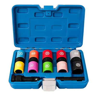 7 PCS 1/2 Inch Drive Lug Nut Socket Set, 1/2" Thin Wall Impact Flip Sockets | 17/17.5, 18.5/19.5, 19/21, 21/21.5, 22/22.5mm for Wheel lug Nuts with Non-Marring Sleeves, Knockout Bar & Extension, CR-MO - color: 7pcs