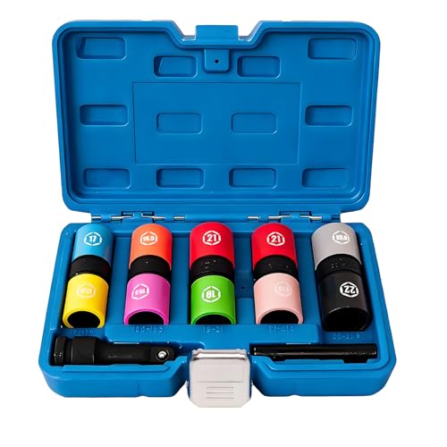 7 PCS 1/2 Inch Drive Lug Nut Socket Set, 1/2" Thin Wall Impact Flip Sockets | 17/17.5, 18.5/19.5, 19/21, 21/21.5, 22/22.5mm for Wheel lug Nuts with Non-Marring Sleeves, Knockout Bar & Extension, CR-MO - color: 7pcs