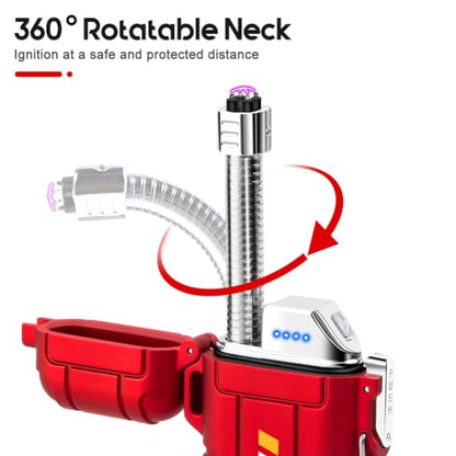 LcFun Electric Dual Arc Lighter USB Rechargeable, Windproof Plasma Lighters with LED Battery Indicator, Waterproof Flashlight Lighter with Whistle Lanyard for Camping, Survival Gear Gifts for Men - color: Red Pro