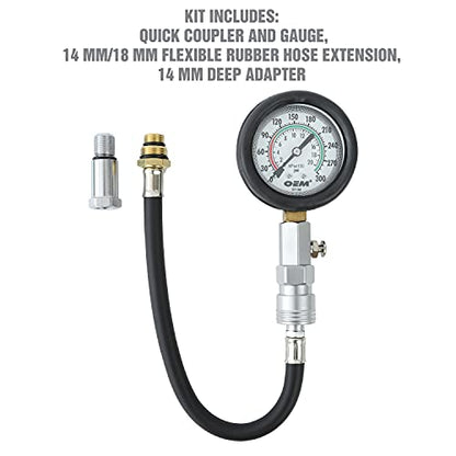 OEMTOOLS 37138 Compression Tester Gauge Set, Compression Tester Automotive, Engine Compression Tester with Flexible Hose, 14mm and 18mm Adapters