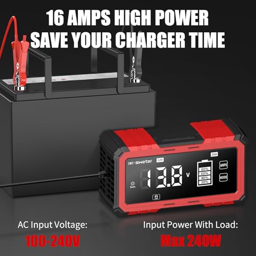 SWTsweter 16A Smart Car Battery Charger,12V/24V Maintainer & Desulfator with 200s Booster Mode - Compatible with 12.6V Lithium-Ion, LiFePO4, AGM, Gel, Lead-Acid for Truck, Motorcycle, RV, Lawn Mower