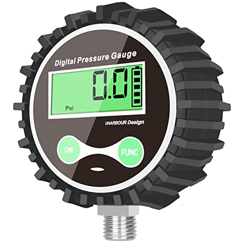 Uharbour Digital Air Pressure Gauge, Digital Pressure Gauge with 1/4'' NPT Bottom Connector and Rubber Protector, 5-200psi Digital Tire Gauge, Accuracy 1% .F.S. - size: 5-200PSI