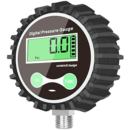 Uharbour Digital Air Pressure Gauge, Digital Pressure Gauge with 1/4'' NPT Bottom Connector and Rubber Protector, 5-200psi Digital Tire Gauge, Accuracy 1% .F.S. - size: 5-200PSI