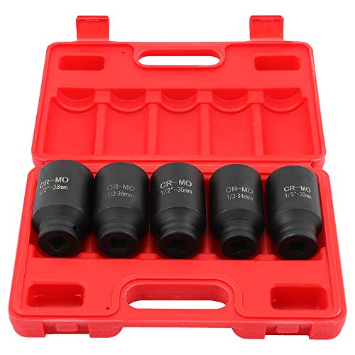 SCITOO 5pcs Deep Spindle Axle Nut Impact Socket Set 1/2 6 Point Drive Metric Axle Hub Nut Socket 33mm 34mm 35mm 36mm 38mm