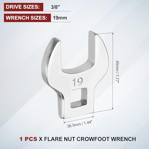 HARFINGTON Drive Crowfoot Wrench 3/8 Inch 19mm Metric Flare Nut Wrench CR-V Steel Electroplating Open End Crowfoot Spanner for Automotive Repair Mechanics, Bright Silver - size: 3/8 Inch x 19mm