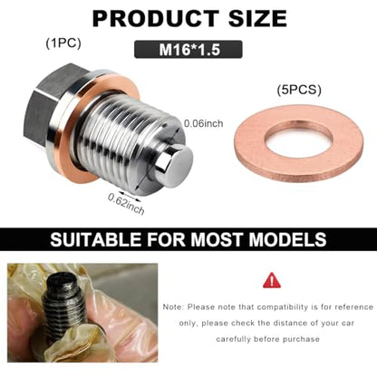 Wevdn Magnetic Oil Drain Plug, Aluminum M16×1.5 Sump Drain Nut Bolt with 5 PCS Copper Crush Washer, Universal Oil Drain Plug Replacement for Most Cars Motorcycles, Car Accessories - color: M16×1.5