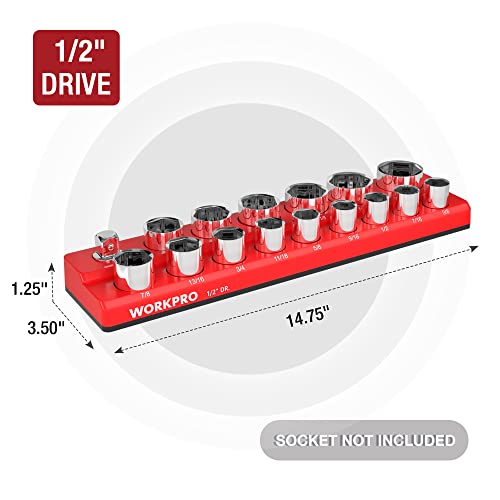 WORKPRO Magnetic Socket Organizer, 1/2-Inch SAE Socket Holder | Hold 16-Piece Sockets, Suitable for Standard and Deep Socket, Magnetic Base, No Scratches Installation, Sockets not Included - size: 1/2" DR - SAE