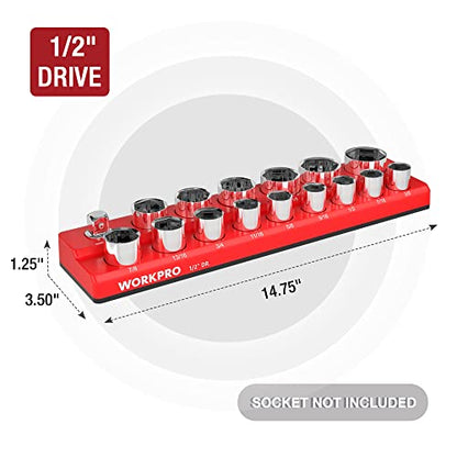 WORKPRO Magnetic Socket Organizer, 1/2-Inch SAE Socket Holder | Hold 16-Piece Sockets, Suitable for Standard and Deep Socket, Magnetic Base, No Scratches Installation, Sockets not Included - size: 1/2" DR - SAE