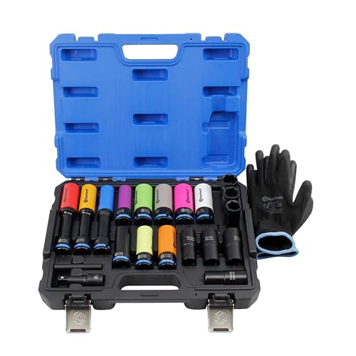 Kuntech 20Psc 1/2" Drive Lug Nut Socket Set Color Coded by Size, Thin Wall Non-Marring 6-Point Impact Lug Extractor Kit, Rugged Construction, Flip Turbo Socket Set with a Storage Cage