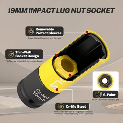 BILITOOLS 19mm Lug Nut Socket, 1/2" Drive Thin Wall Impact Socket | Non-Marring Sleeve, 6-Point Cr-Mo Wheel Socket for Tire Changes, Rims and Auto Repair - size: 19MM