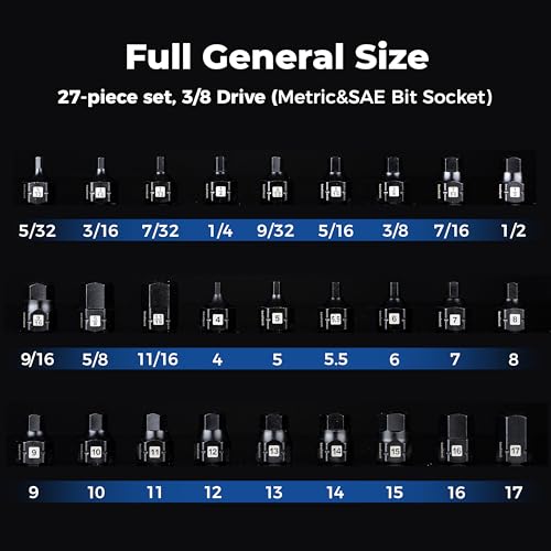 toolant 3/8"drive impact hex bit socket set 27PCS,Hex Drive, SAE/Metric, 5/32"-11/16",4mm-17mm, S2 Steel Air Drive Allen Socket set,Impact Grade，Anti-Roll Design - size: 3/8" drive - 4mm-17mm - 27 PCS