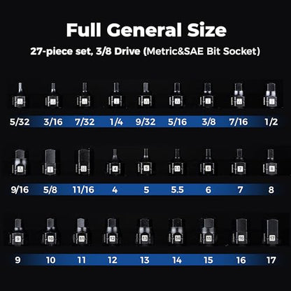 toolant 3/8"drive impact hex bit socket set 27PCS,Hex Drive, SAE/Metric, 5/32"-11/16",4mm-17mm, S2 Steel Air Drive Allen Socket set,Impact Grade，Anti-Roll Design - size: 3/8" drive - 4mm-17mm - 27 PCS