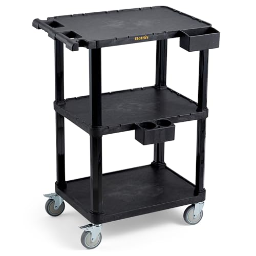 ELAFROS 3-Tier Heavy Duty Flat Top Rolling Utility Cart, 27.5 x 18.25 in | 330 lbs Capacity, Flat Top Shelves, Industrial Plastic, Swivel Wheels, Multipurpose Work Cart, Service Tool Organizer - style: Standard