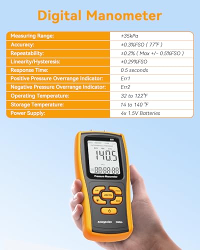 Digital Manometer Gas Pressure Tester, Dual-Port Air Pressure Meter for HVAC, Furnace Ducts, Heater Gas Valve, Gas Furnace, Boilers, Air Pump, Evap Leaks