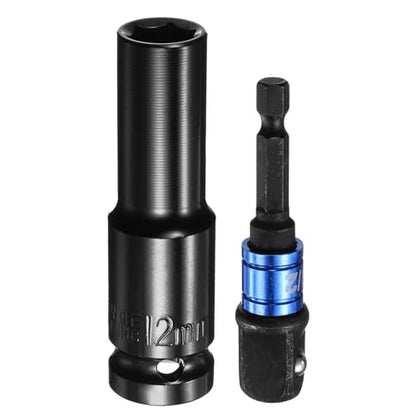 HARFINGTON Deep 6-Point Impact Socket 1/2" Drive 12mm Metric Socket 3" Length with 1/4" Hex Shank Adapter, CR-V Steel Socket Adapter Accessory Tool Set Kit for Hex Bolts Nuts - size: 12mm