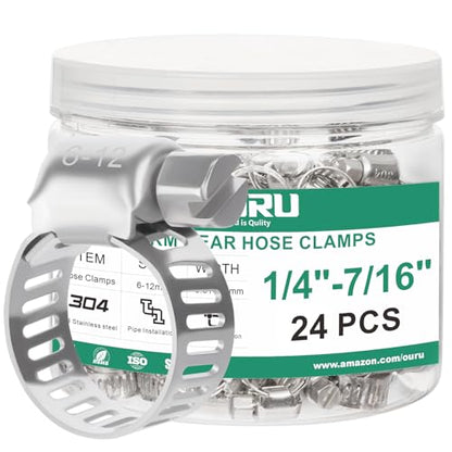OURU 24PCS Hose Clamps Stainless Steel Adjustable 1/4"– 7/16"(6-12mm) Worm Gear Hose Clamp, Heavy Duty Metal Small Hose Clamps for Automotive, Pipe, Radiator Plumbing, Fuel Line - size: 1/4"-7/16"(6-12mm)