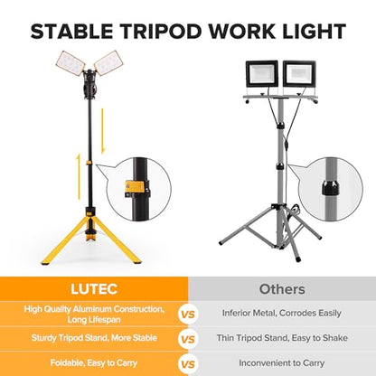 LUTEC 【Upgraded 5000K 15000 Lumen 105 Watt Dual-Head LED Work Light with Telescoping Tripod, Work Light with Stand Rotating Waterproof Lamps and 8 Ft 3-Prong Power Cord - size: Pro-15000LM