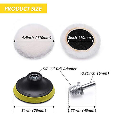 Wool Cutting Pad, Wool Buffing Polishing Pad Set, SPTA 7Pcs 3Inch (80mm) Buffing Wheel for Drill Lambs Wool Hook and Loop for Compound Cutting & Polishing for Car Polisher