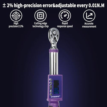 Digital Torque Wrench 3/8 Drive, (3.7-44.2 FT-LB/5-60N.M) ±2% High Accuracy Digital Torque Wrench, With Vibration, Buzzer and LED Alert - size: 3/8-inch (3.7-44.2 Ft-lbs./5-60Nm)